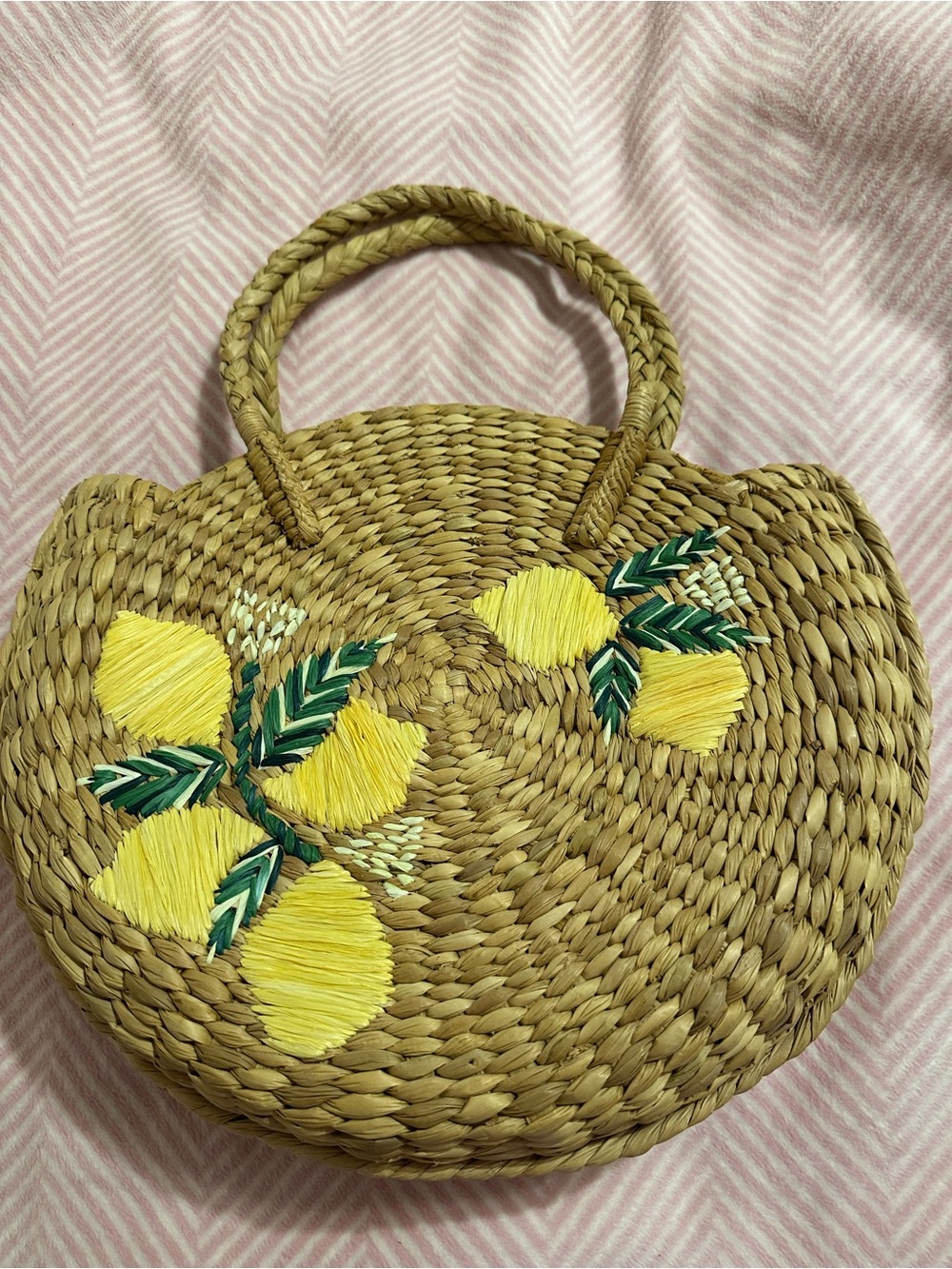 Handwoven Straw Tote Bag with Yellow Lemon Embroidery